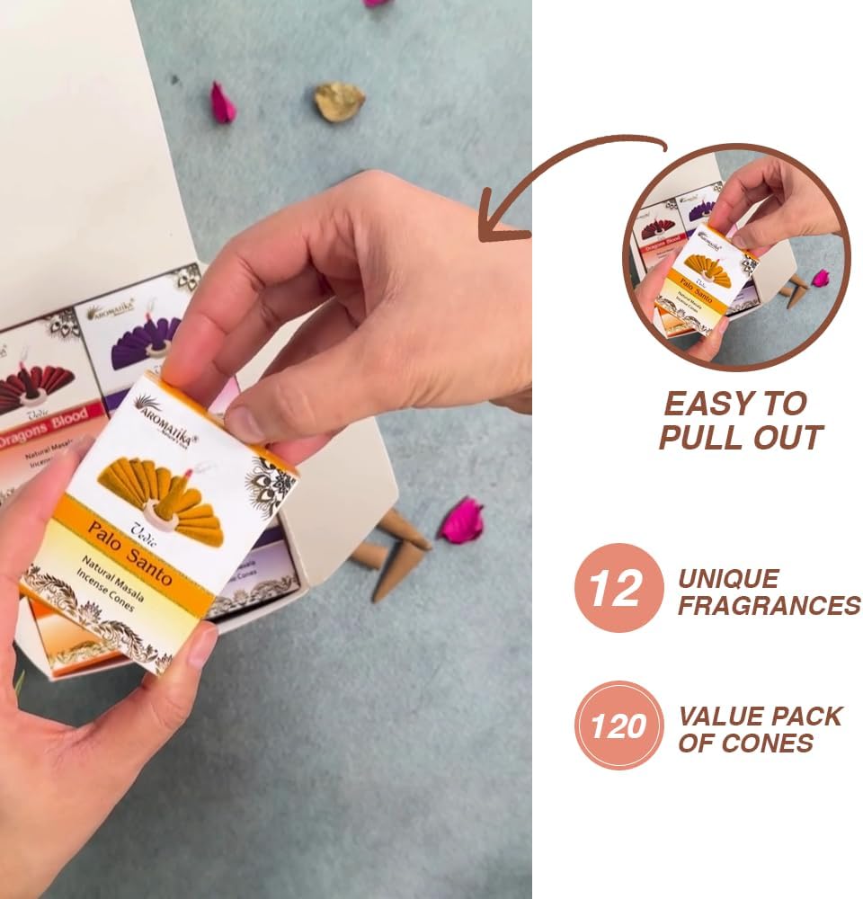 ARO VATIKA Vedic Natural Masala 120 Incense Cones in Pack of 12 Boxes |12 Assorted Fragrances Dhoop Cones | Best for Prayer, Reiki, Meditation and Relaxation | Burn time- 25 Mins