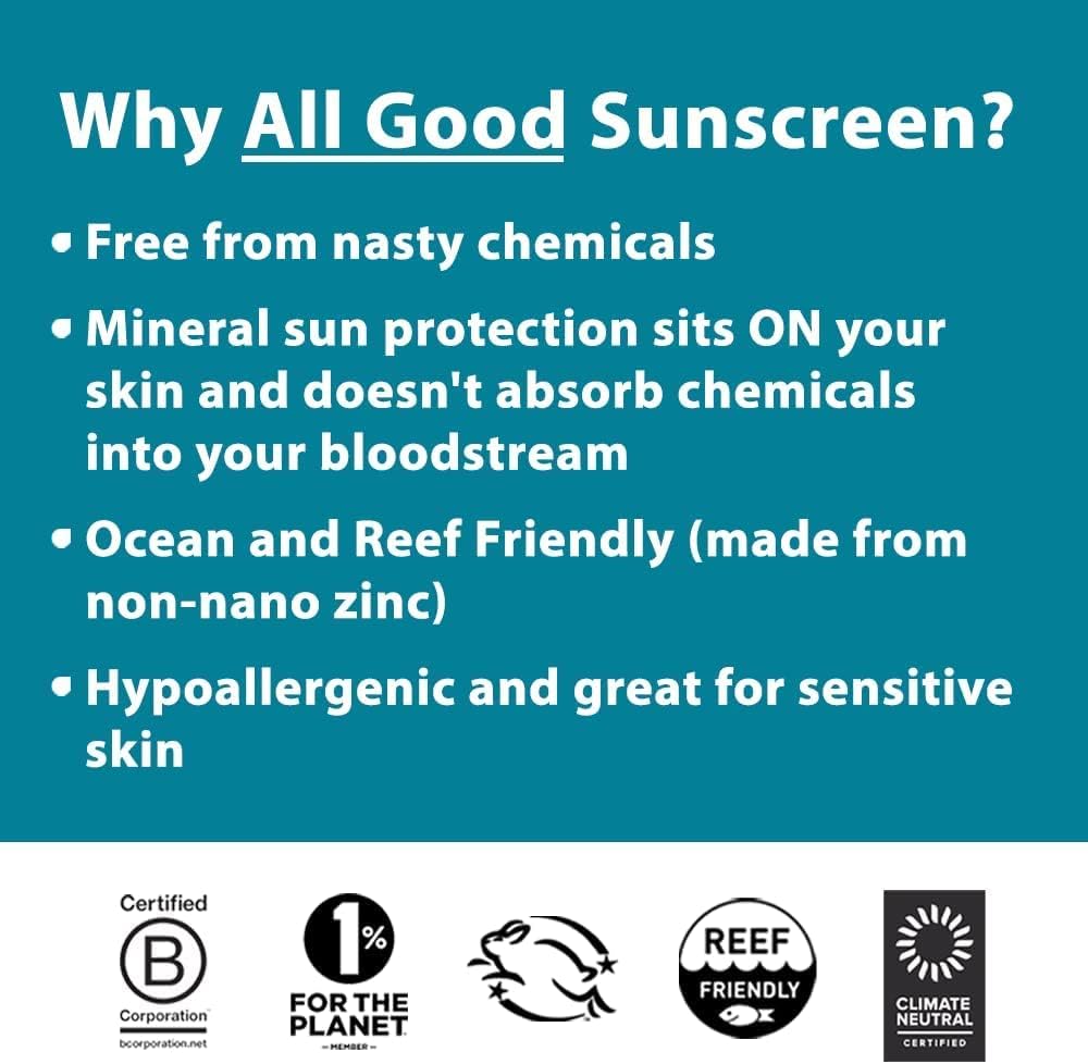 All Good Sunscreen - Sport Mineral Sunscreen Lotion, Reef Friendly, SPF 30+ for Face & Body, Water & Sweat Resistant (3 oz)