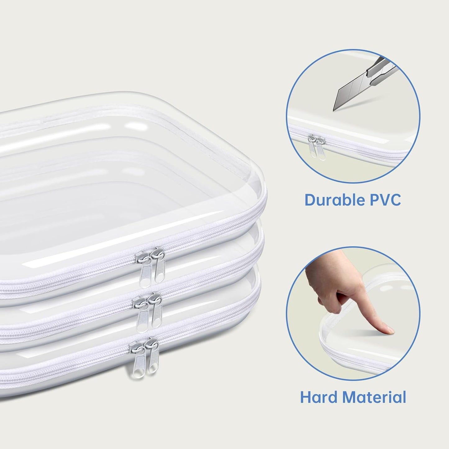 Clear Hard Plastic Zipper Case,Transparent Double Zippers Hard Pouch with 3pcs,Portable Travel Organizer Bin for Toy Storage