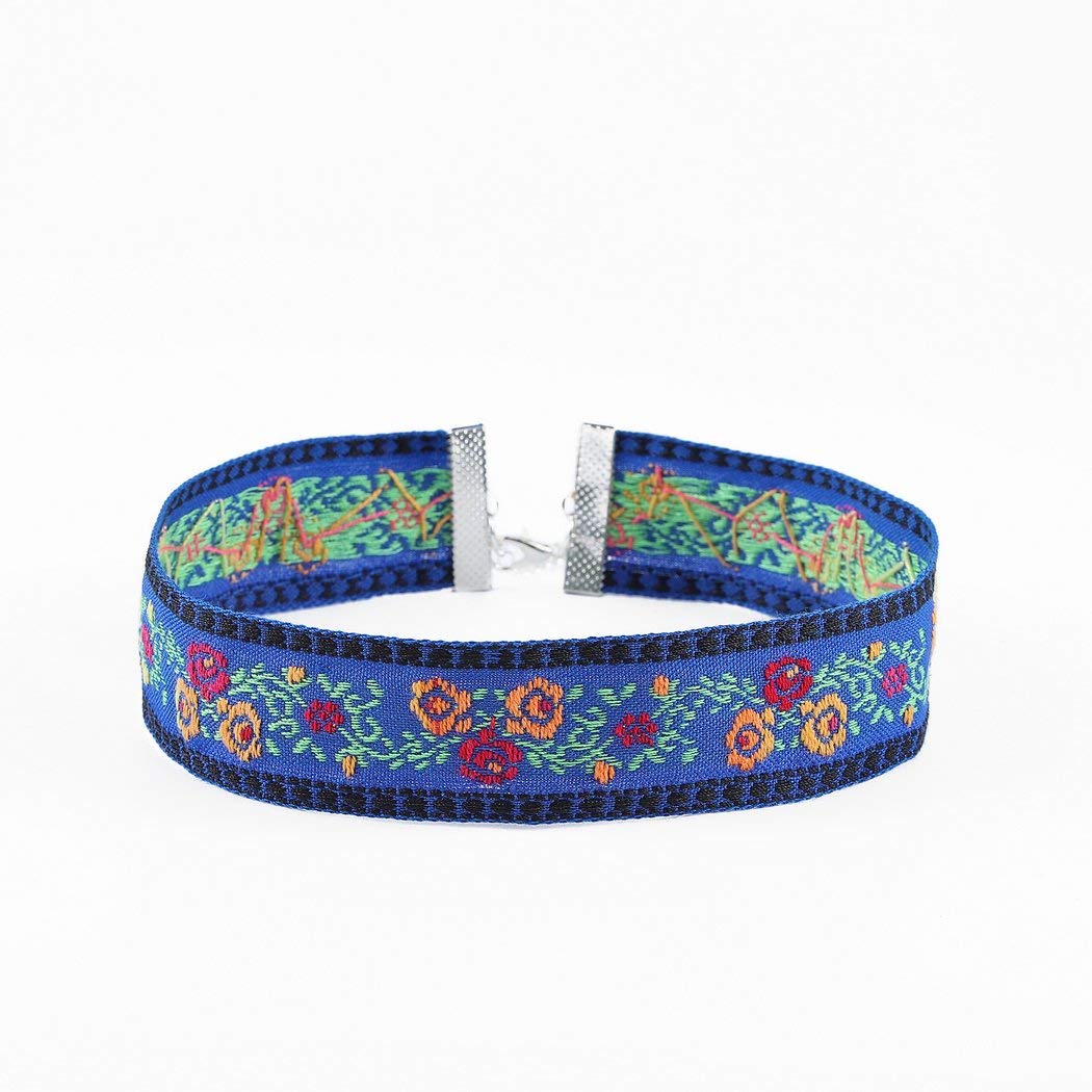 Boho Necklace Flower Choker Necklace Leaves Chain Necklace Jewelry for Women and Girls (Blue)