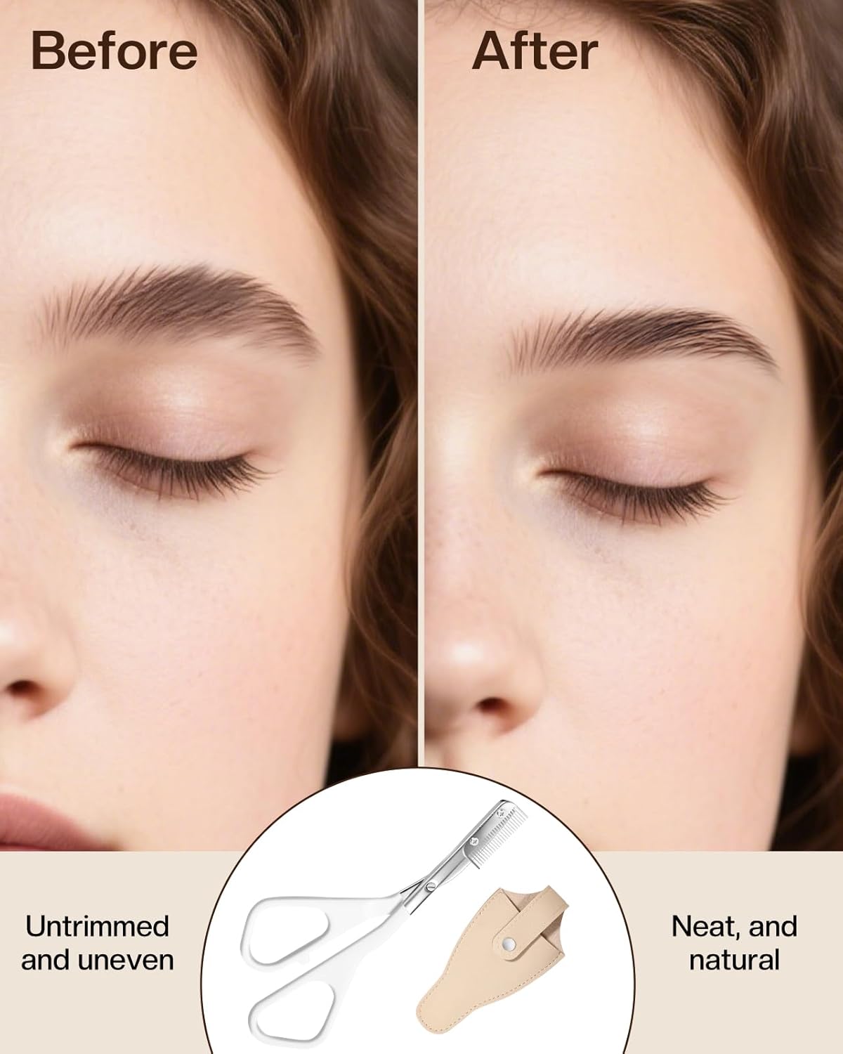 Eyebrow Scissors for Women, Stainless Steel Beauty Scissors with Comb, Precision Trimming Tool for Brows & Facial Hair, Sharp Blades with Safety Guard, Compact & Travel-Friendly (White)