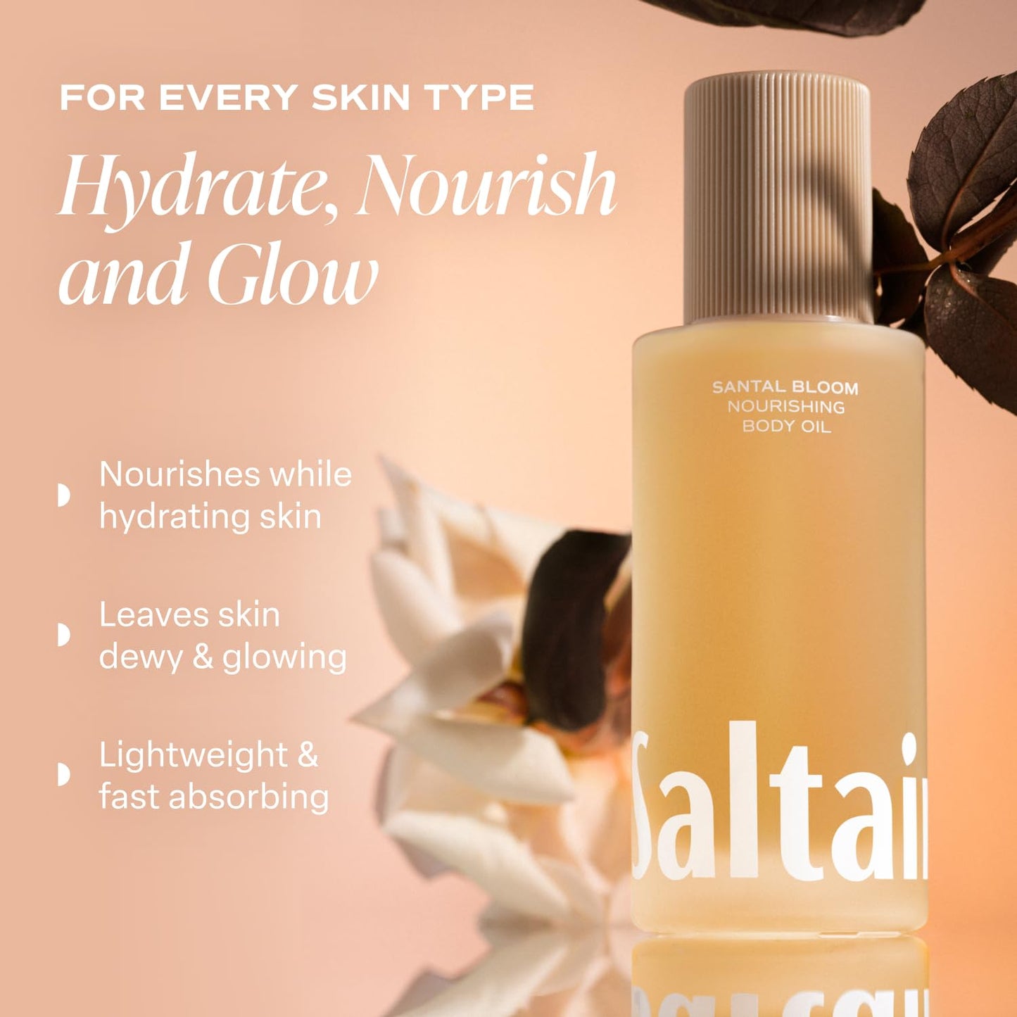 Saltair Body Oil. Luxurious Santal Bloom After Shower and Bath Oil Moisturizer for Women and Men. Botanical, Non-Greasy, and Well-Absorbing Lotion for Hydrating Dry Skin. 4oz Pump Bottle