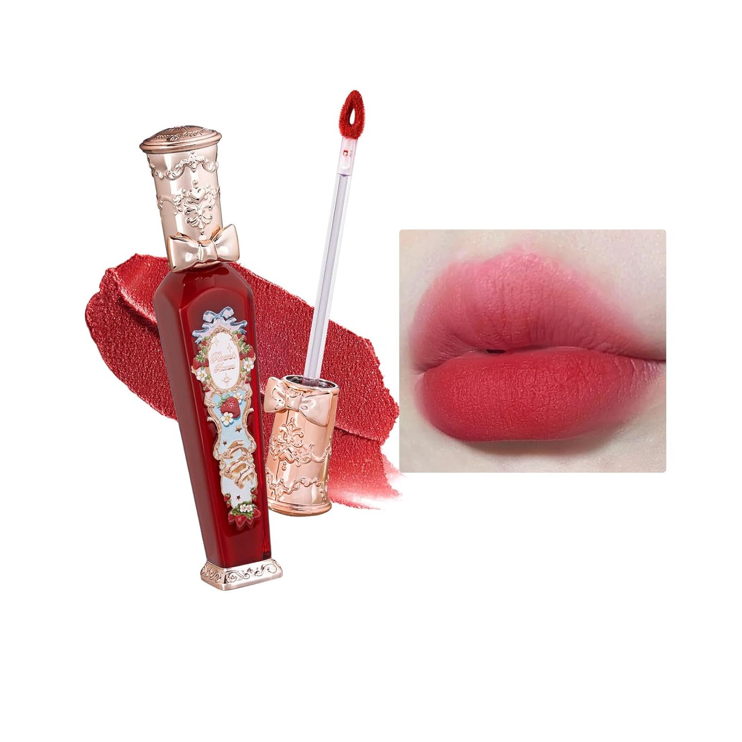 Flower Knows Strawberry Rococo Cloud Lip Cream,Velvety Matte Liquid Lipstick,Red Lipstick,Long Lasting Lip Stain,Kiss-proof Blurred Lipstick for Girls&Women,0.12 Fl Oz(S09 Strawberry Crown)