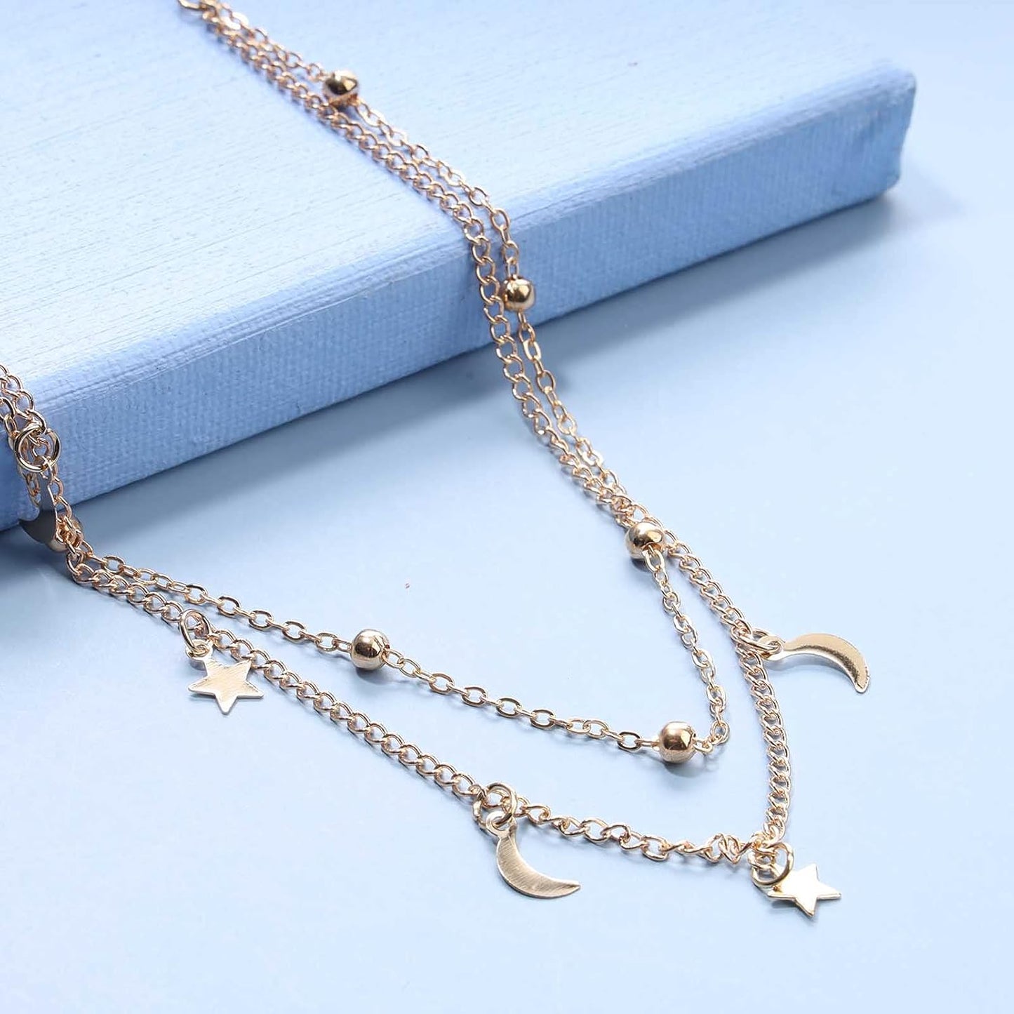 Boho Star Moon Necklace Choker Gold Layered Star Choker Necklace Crescent Moon Necklace Celestial Necklace Chain Festival Jewelry for Women and Girls