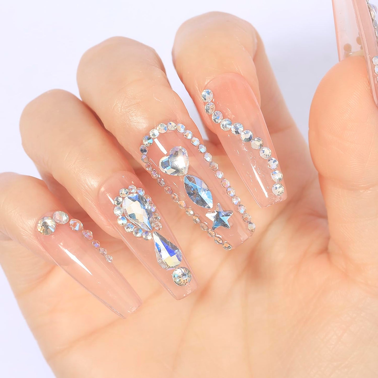 HNUIX Nail Rhinestones - 3D Multi Shape Size, Crystal Blue Moonlight Nail Gems, Flat Back, with Kit, for Nail Art, DIY Decorations