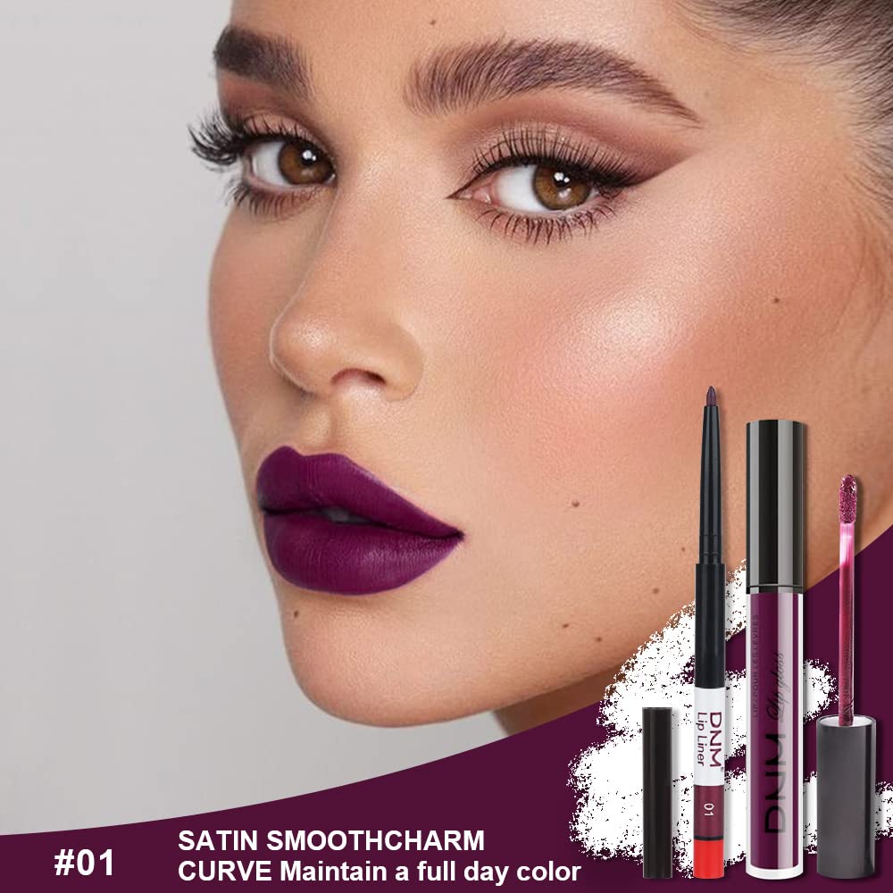 evpct 2Pcs Purple Plum Matte 24-hour Liquid Lipstick and Lip Liner Pencil Makeup Set Women Dark Red Bright Berry Liquid Lipstick Matte Lip Tint 24H and with Lip Liner Set Waterproof Long Lasting 1
