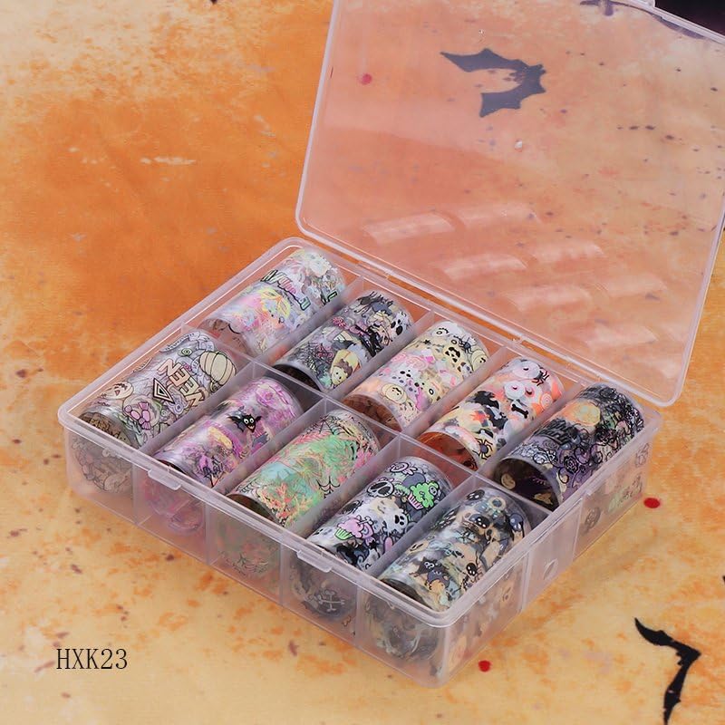 Halloween Nail Foil Transfer Stickers 10 Rolls Pumpkins Skull Nails Stickers Funny Purple Black Bat Nail Foils 1 Box Colorful Starry Sky Paper Nail Decals Halloween Nails Art Sticker Nails Art Decals