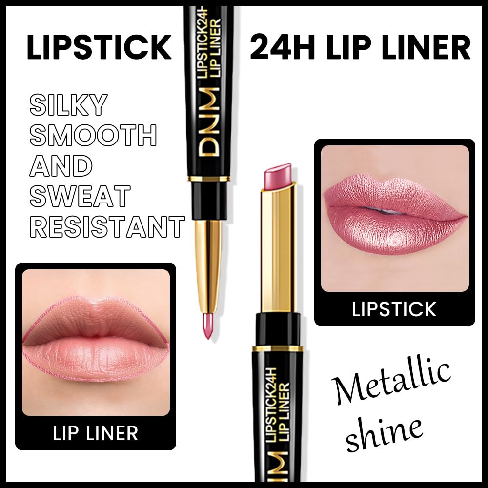evpct 3Pcs Light Pink Nude Brown Metallic Shine Shimmer Lip Liner and Lipstick Combo Set Kit for Women, Lightweight Hydrating Formula High Impact Full Coverage Lipstick and Lip Liner Makeup Gloss