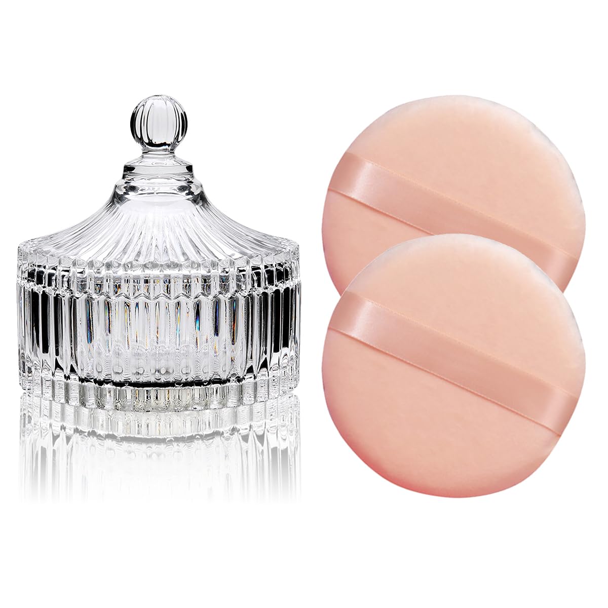 2 Pack Extra Large 5.2" Beige Powder Puffs and 5.3" Glass Container – Oversized Soft Body & Face Large Powder Puff Dusting Powder Jar Holder Case(Clear Glass)