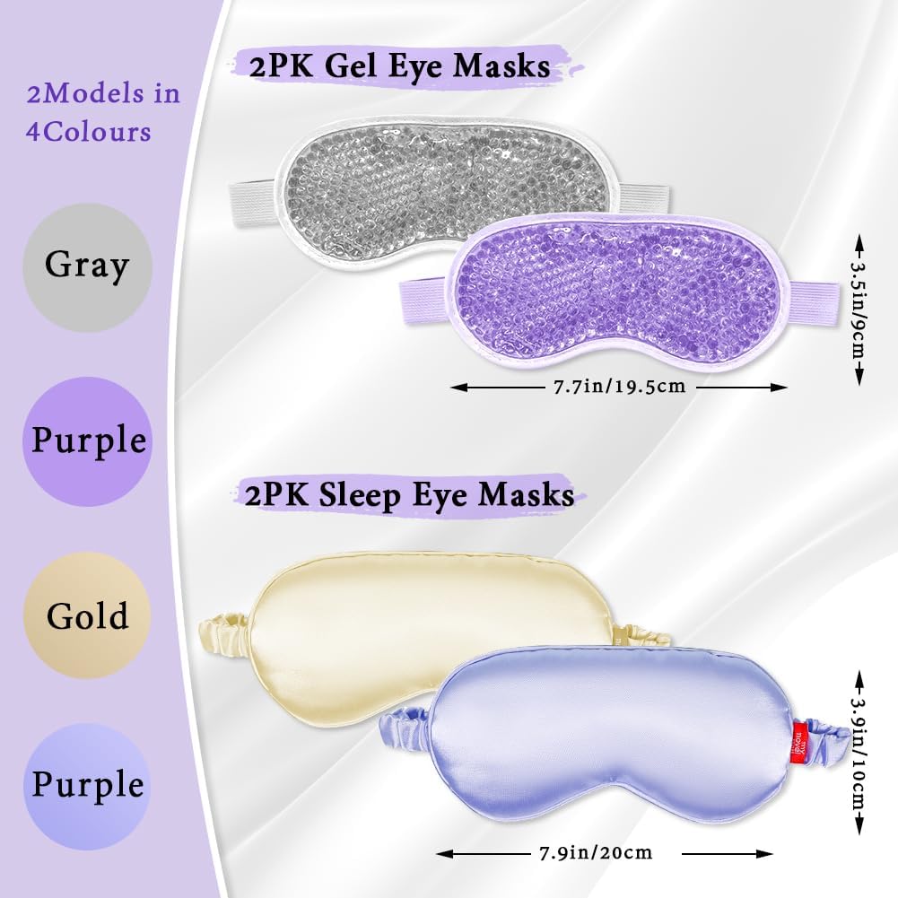 Cooling Eye Mask and Silky Sleep Mask 4 Packs for Man Women for Sleeping Frozen Ice Eye Mask Cold Warm Compress Dark Circles Puffiness Dry Eyes Gifting