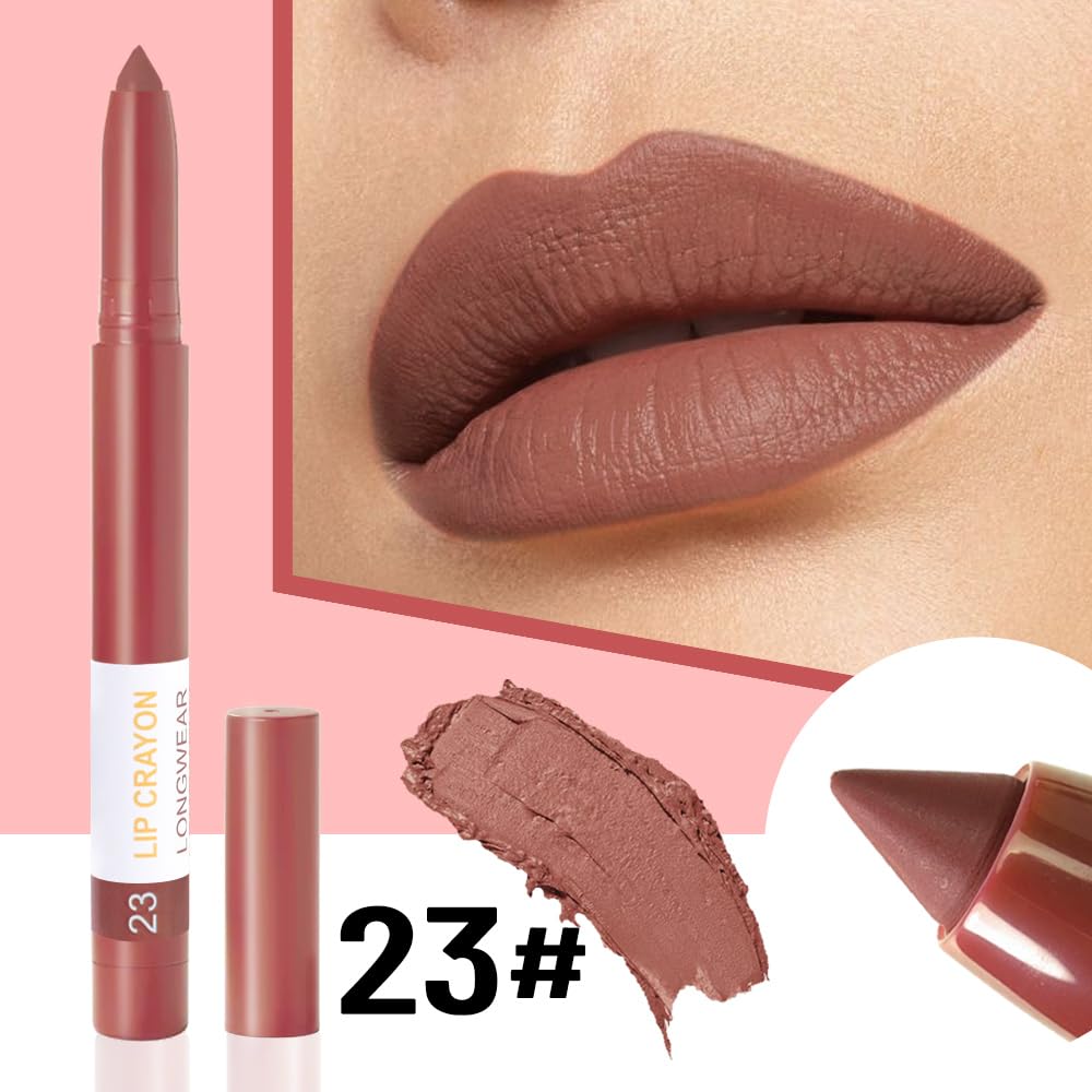 BINGBRUSH Lip Crayons Matte Longwear Lipstick Pack Set,Moisture Smooth Lipliner With Built-in Sharpener Ultimate Super Stay Ink Lip Crayon for Makeup- Waterproof Velvet Lipgloss Lip Stain(23#Brown)