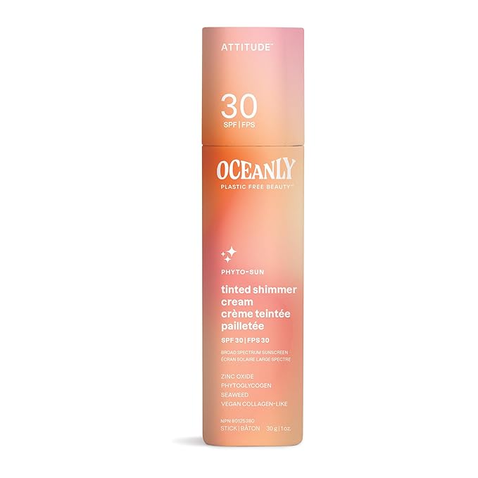 ATTITUDE Oceanly Tinted Shimmer Face Cream Stick with SPF 30, EWG Verified, Plastic-Free, Broad Spectrum UVA/UVB Protection with Zinc Oxide, Universal Tint, Unscented, 1 Ounce