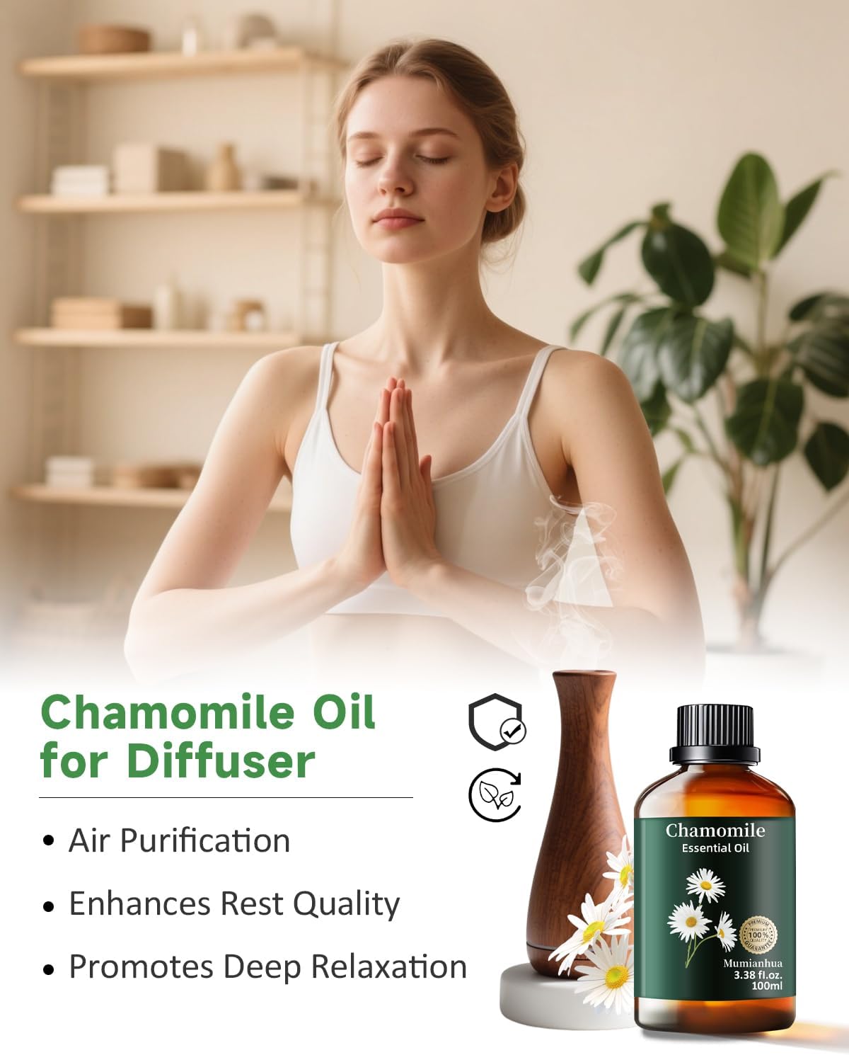 Chamomile Essential Oil Pure, Mumianhua Natural Chamomile Oil Therapeutic Grade Aromatherapy Oil for Skin, Diffuser, Aromatherapy, Candle Making, Soap Making, Hair 3.38 Fl Oz