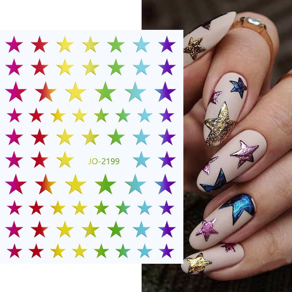 8Sheets Star Nail Stickers Gold Nail Art Stickers 3D Self Adhesive Nail Decals Silver White Gold Black Nail Art Decals Holographic Nails Design for Women Girls Nails Art Accessories DIY Manicure