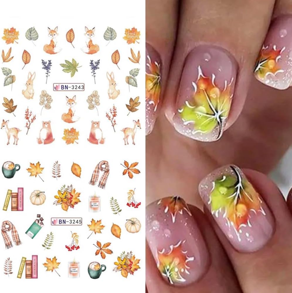 Fall Thanksgiving Nail Art Stickers Decals Autumn Maple Leaf Water Transfer Nail Foils Supplies Fall Pumpkin Squirrel Fox Mushroom Designer Nail Decals for Nail Art Thanksgiving Nail Art Decoration