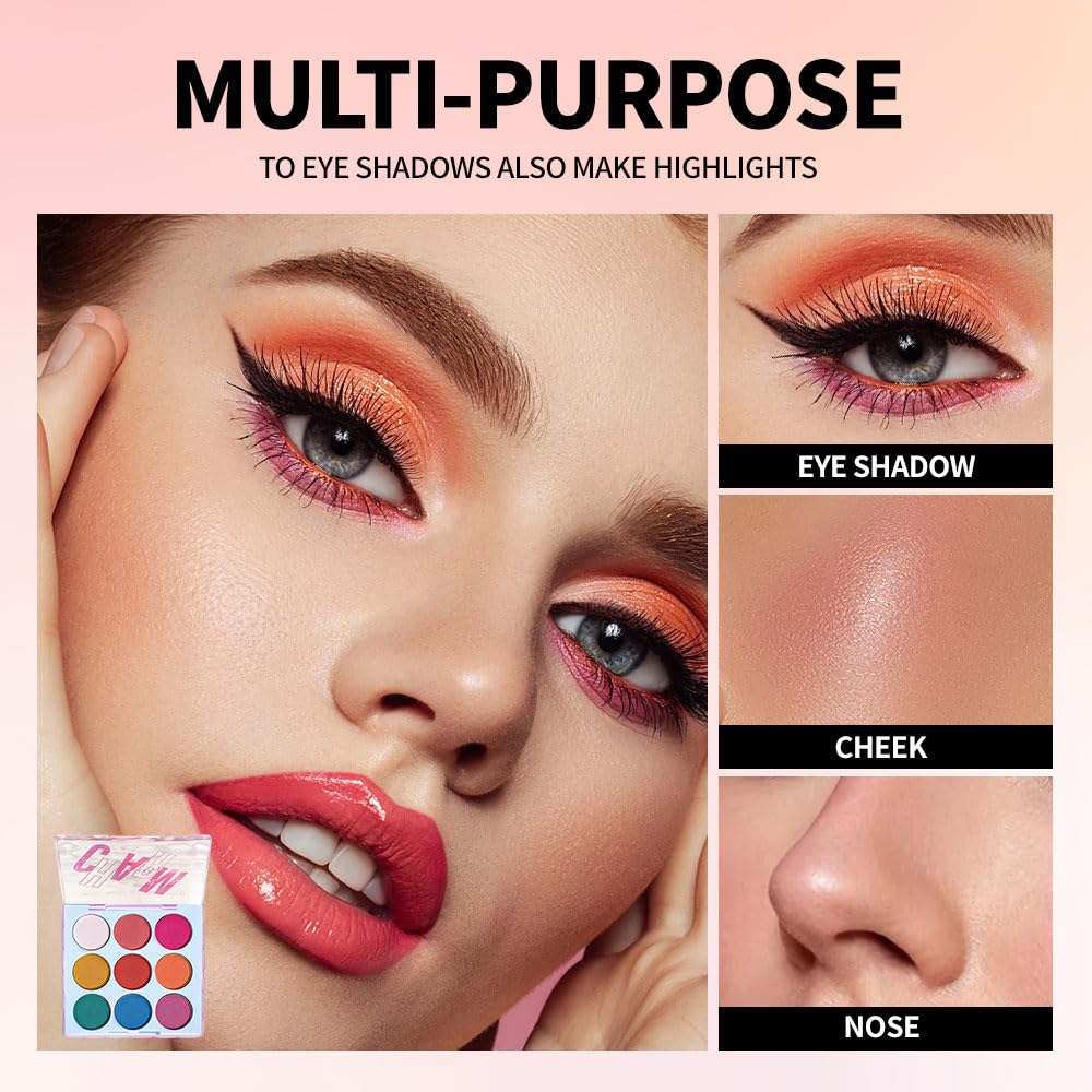 9-Color Bright Eyeshadow Palette – Vibrant Matte Rainbow Shades, Pink, Yellow, Green & Blue Tones, Long-Lasting, Waterproof, Blendable, Ideal for Party, Stage, or Trendy Everyday Makeup 03