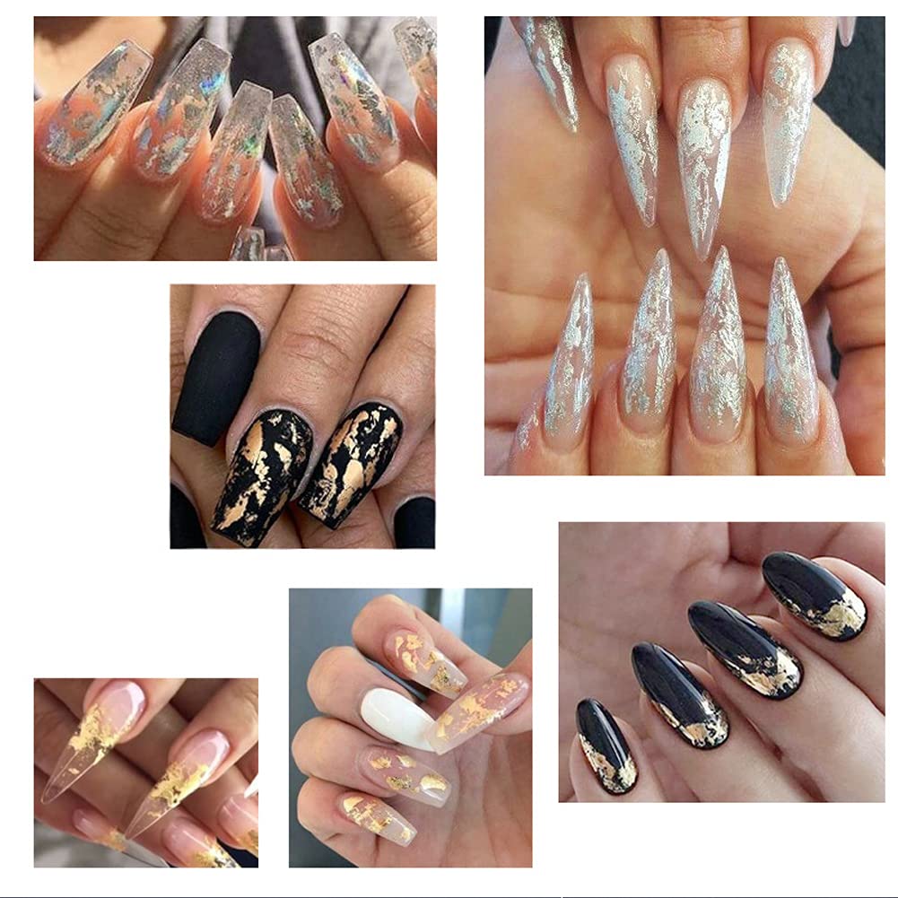 Gold Nail Art Glitter & Sequins Holographic Irregular Foil Sticker 3D Glitter Foil Flakes Decals - 12 Colors