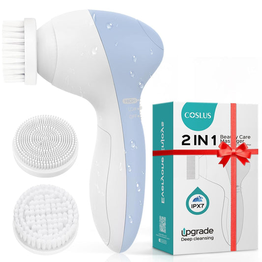 COSLUS Facial Cleansing Brush Silicone Face Scrubber: 2 in1 FBS-D Electric Exfoliating Massage Device Waterproof Deep Cleaning Exfoliation Rotating Spa Machine - Electronic Skin Care Wash Clean System