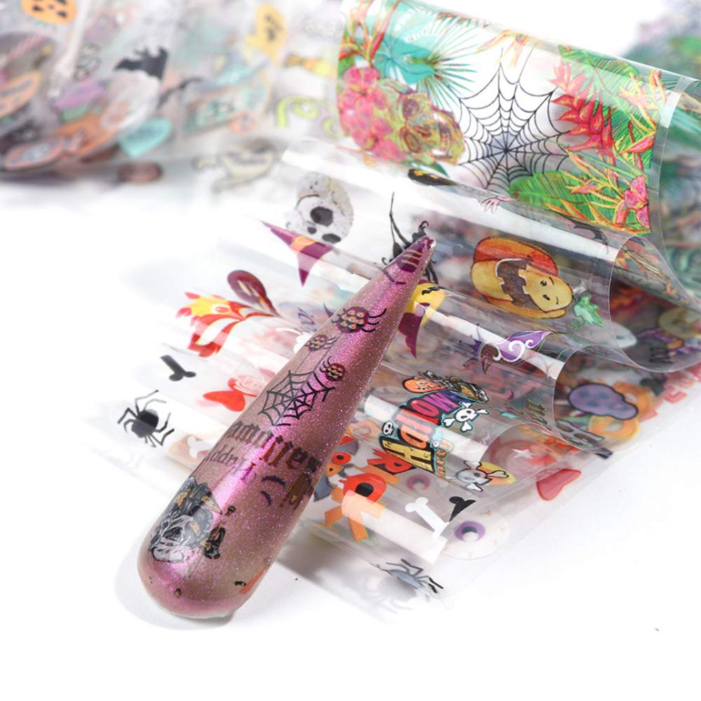 Halloween Nail Foil Sticker Set Fall Nail Art Stickers Day of The Dead Nail Art Decals Pumpkin Cat Charms Nail Decorations DIY Transfer Paper Holographic Nail Decor Wraps Accessory 10 Pcs/Pack