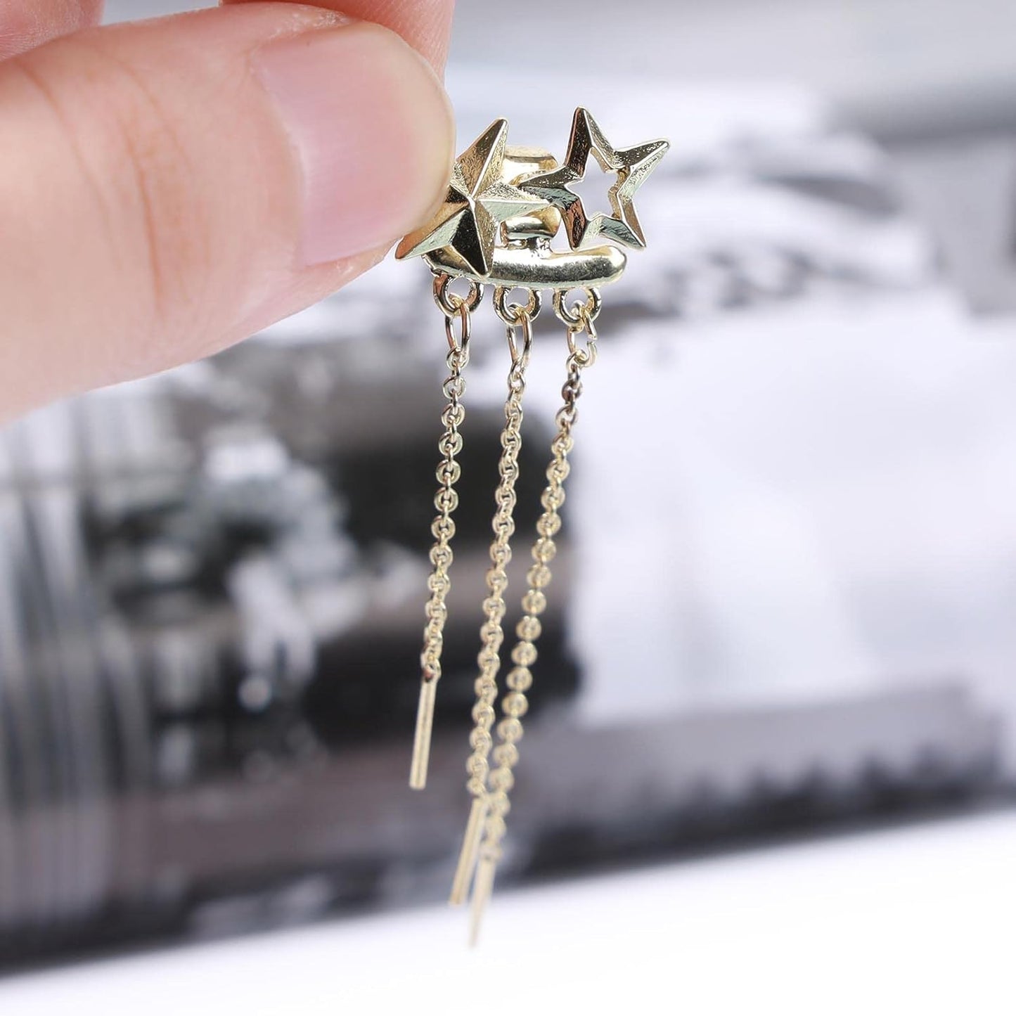 Boho Star Ear Jacket Earrings Gold Thin Bar Tassel Earrings Long Drop Chain Earrings Two Way Double Sided Earrings Jewelry for Women and Girls