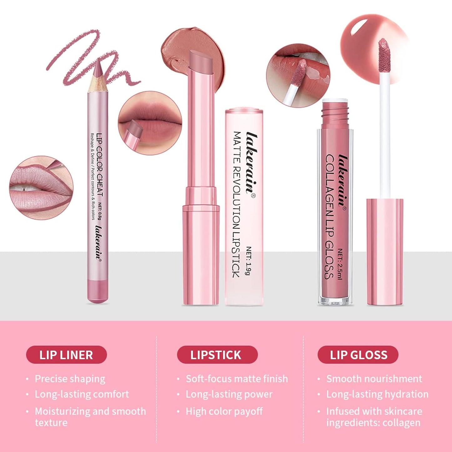 3PCS Lip Liner and Lipstick Combo Set - Matte Lip Liner Pencil, Velvet Matte Lipstick & Hydrating Collagen Lip Gloss - Long-Lasting, Smudge-Proof, High Pigment Nude Brown Lip Makeup Kit (Set 3, 3)