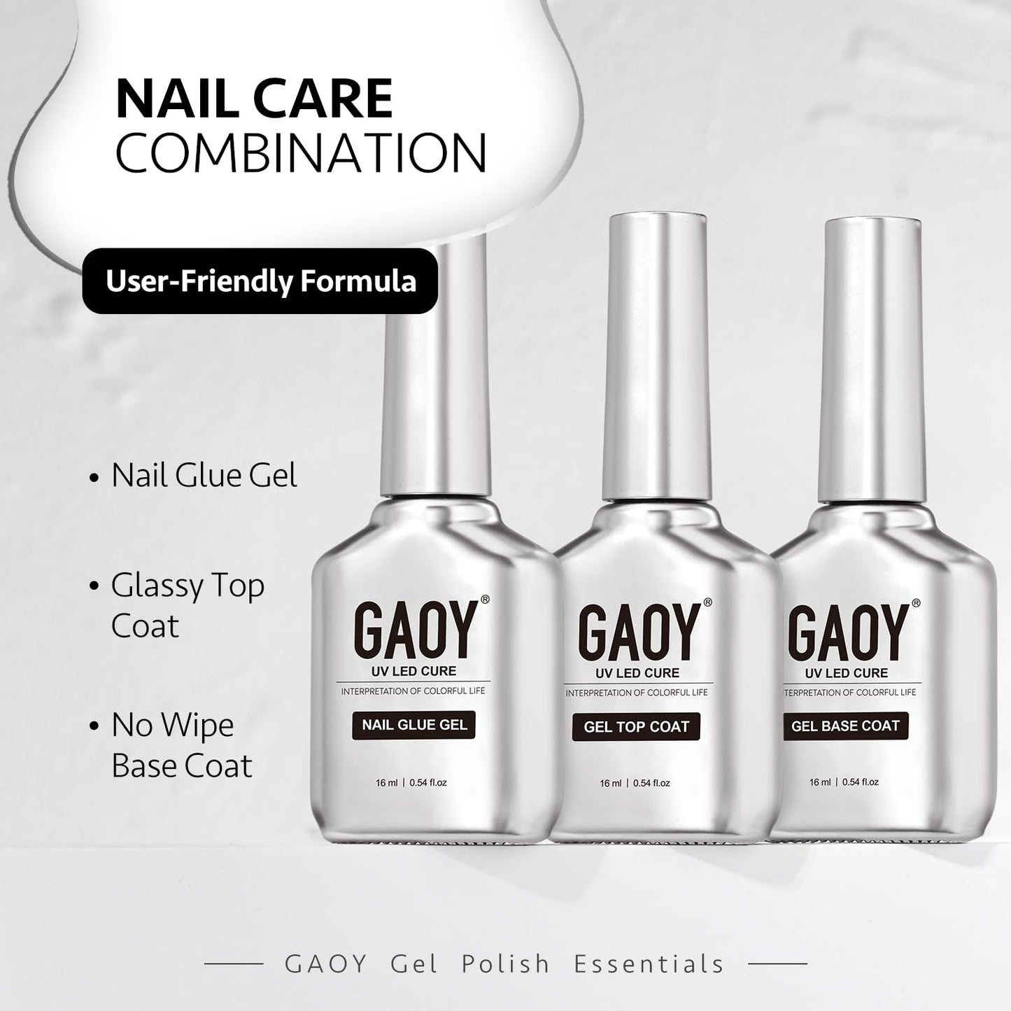 GAOY Gel Top Coat, Nail Glue Gel and Base Coat Set, 3 Pcs 16ml Clear Glossy No Wipe Combination for UV Light Cure