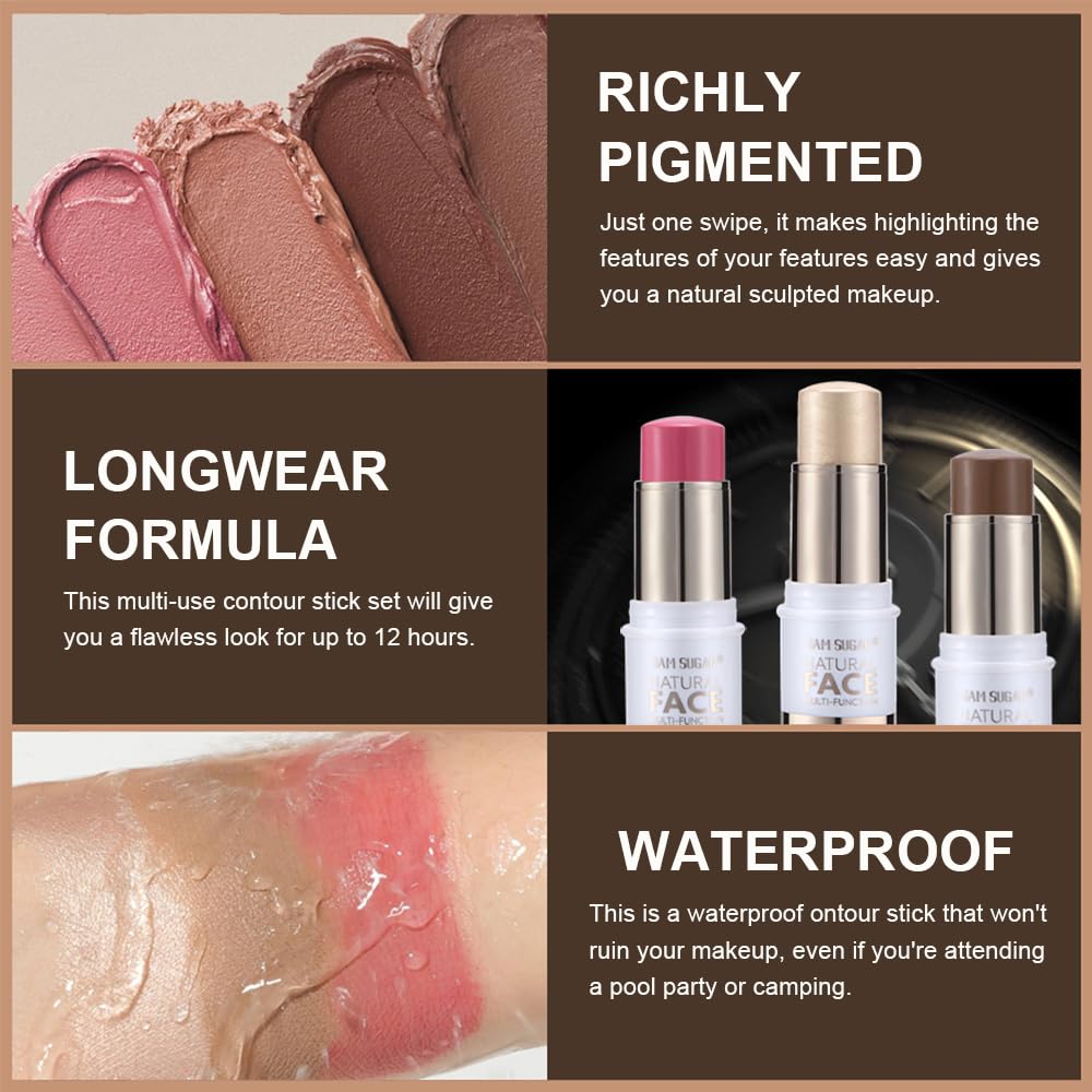 Contour Stick Makeup Kit,3Pcs Bronzer Blush Highlighter Stick Set for Create a Glowing Flawless Look,Non-Greasy Matte Finish Face Stick Trio,Longwear Formula, Include Brush - Medium (#02,05,08)