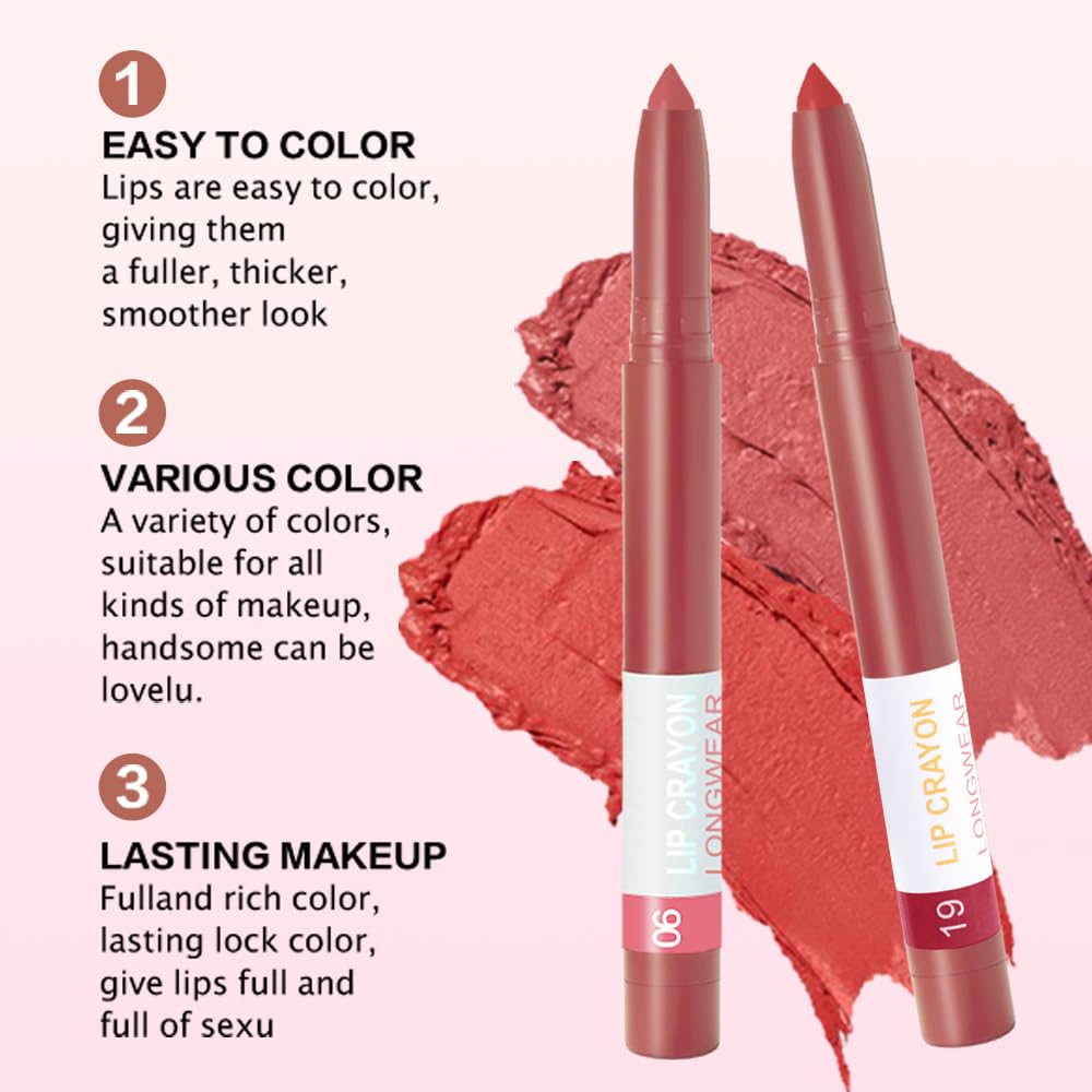 BINGBRUSH Matte Lip Crayon Set – Longwear, Waterproof, Velvet Finish, Built-in Sharpener, Smooth Lip Liner & Gloss (06#+19#, 2 Count (Pack of 1))