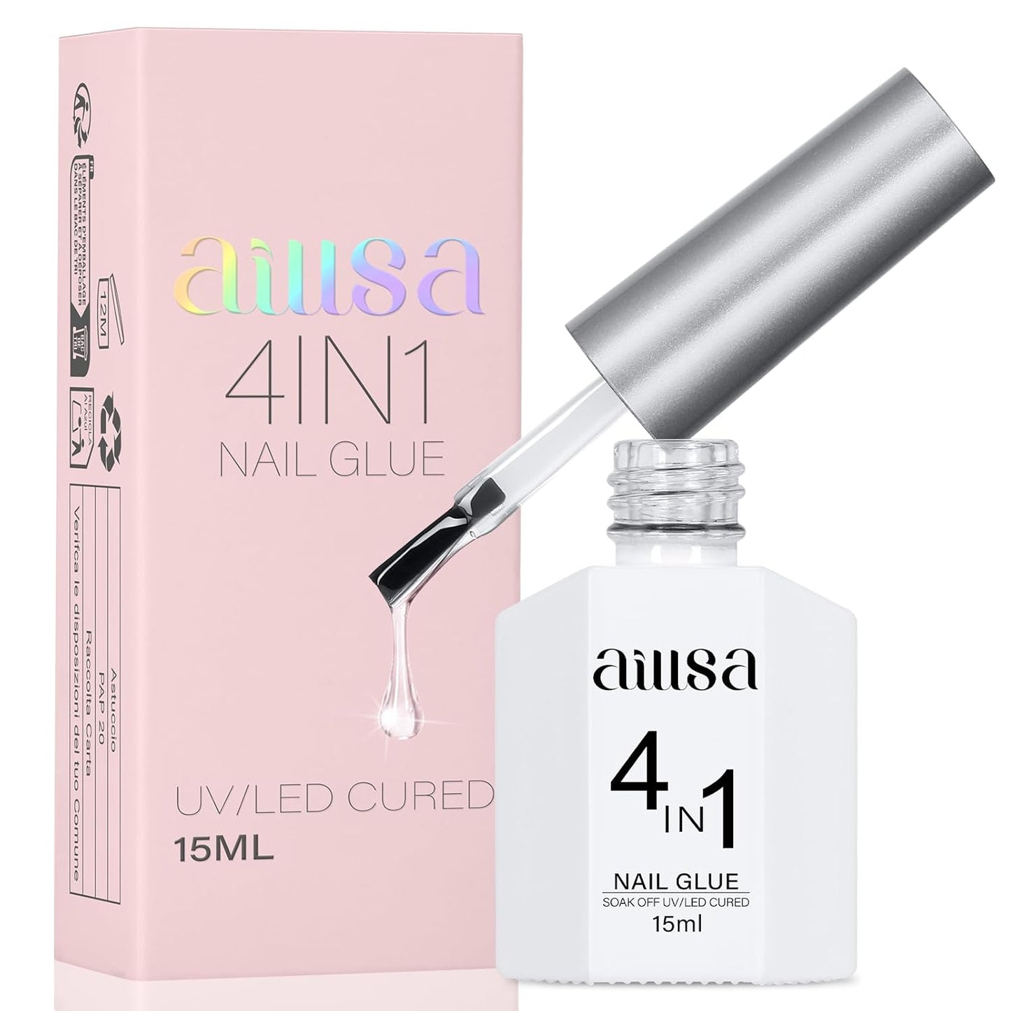 AILLSA Gel Nail Glue for Acrylic Nails, 4 in 1 Super Strong Nails Gel Glue for Fake Nail Tips,15ML High Capacity Long Lasting Brush On Nail Glues for Rhinestone Pearl Foil, (U V Lamp Curing Needed)