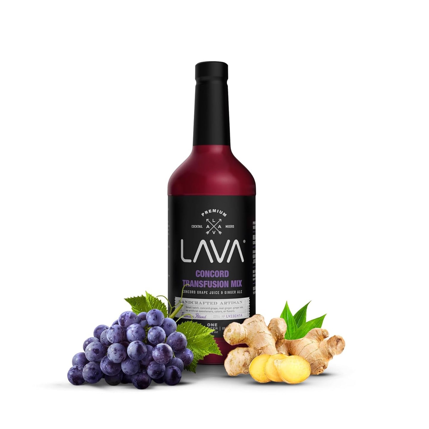 (3 Pack) LAVA Premium Concord Transfusion Mix made with concord grape juice, real ginger, ginger ale, no artificial sweeteners, 1-Liter (33.8oz) Glass Bottle, Ready to Use.