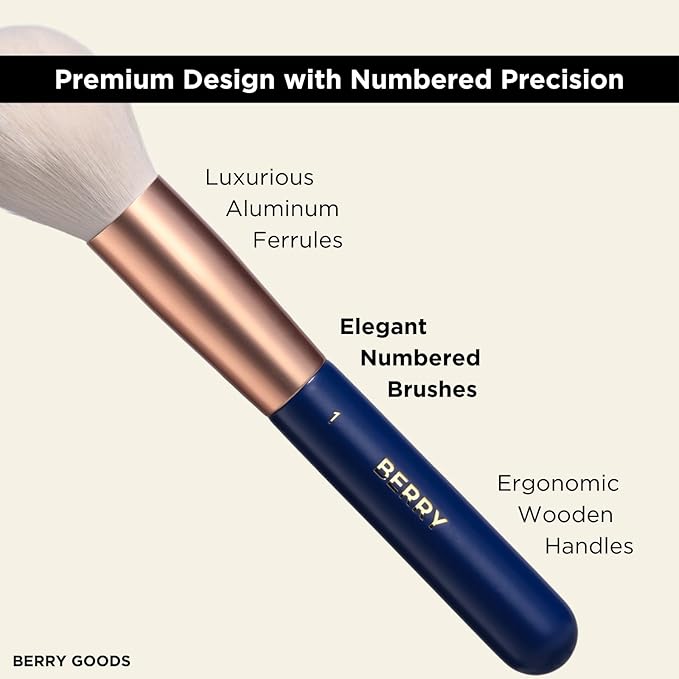 BERRY Blue Premium Makeup Brush Set – 12-Piece Professional Ultra-Soft Synthetic Brushes for Face & Eyes | Foundation, Powder, Blush, Concealer, Eyeshadow – Vegan, Cruelty-Free, Numbered, Travel Case