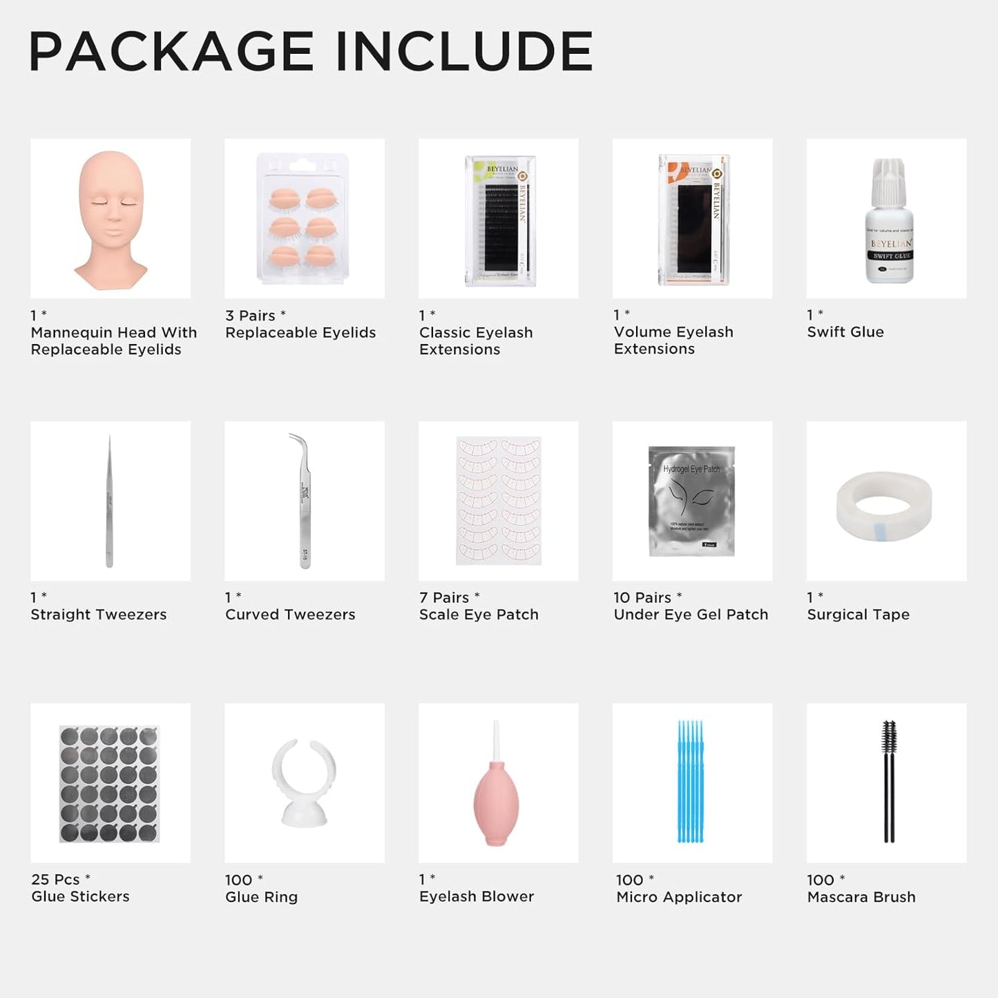 BEYELIAN Eyelash Extension Kit, Lash Extension Kit, Professional Lash Mannequin Head Kit with Removable Eyelids, Lash Kit for Eyelash Extensions Beginners 353 Piece Set