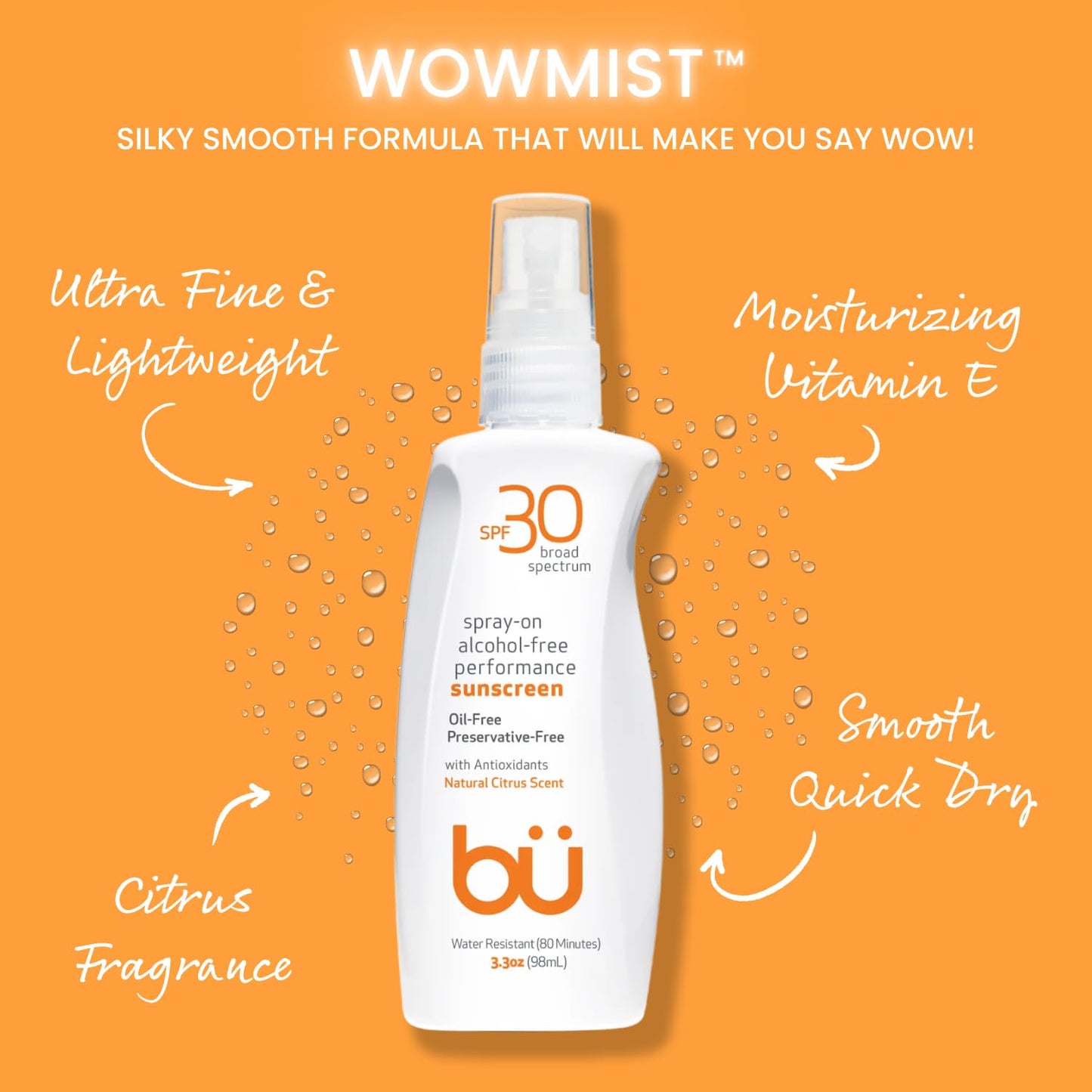 BU SPF 30 Sunscreen Spray for Face and Body, Non Aerosol Spray, Clear WOWmist, TSA Travel Size Sunblock, Oil Free and Water Resistant for Sensitive Skin, Natural Citrus 3.3 oz