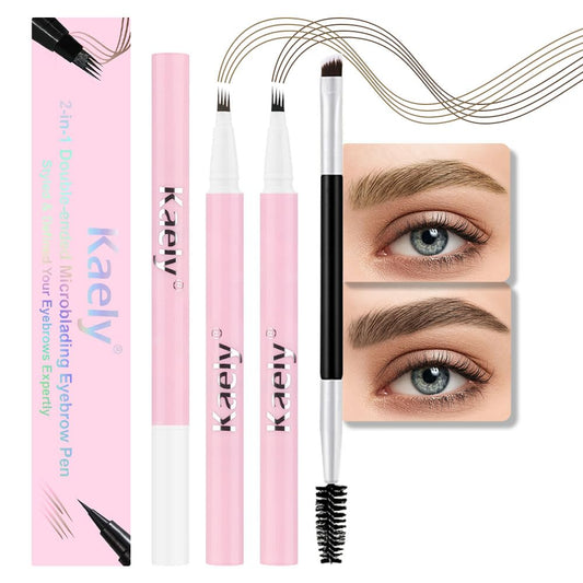 evpct Kaely 2Pcs Light Dark Brown Magic Microblading Eyebrow Contouring Pen Brow Pencil, with 4 Brush Micro-Fork-Tips Applicator, Dual-ended Eyebrow Brush, Hair Like Strokes, Natural Looking Brows