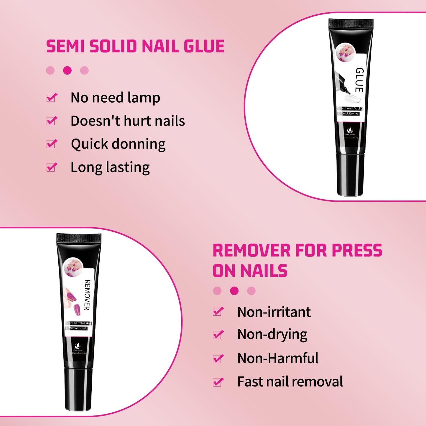 15g Semi Solid Nail Glue with 15g Remover for Press On Nails Tips Gel Nail Glue No Need for UV Lamp Quick Drying a Long Lasting Fake Acrylic Nail