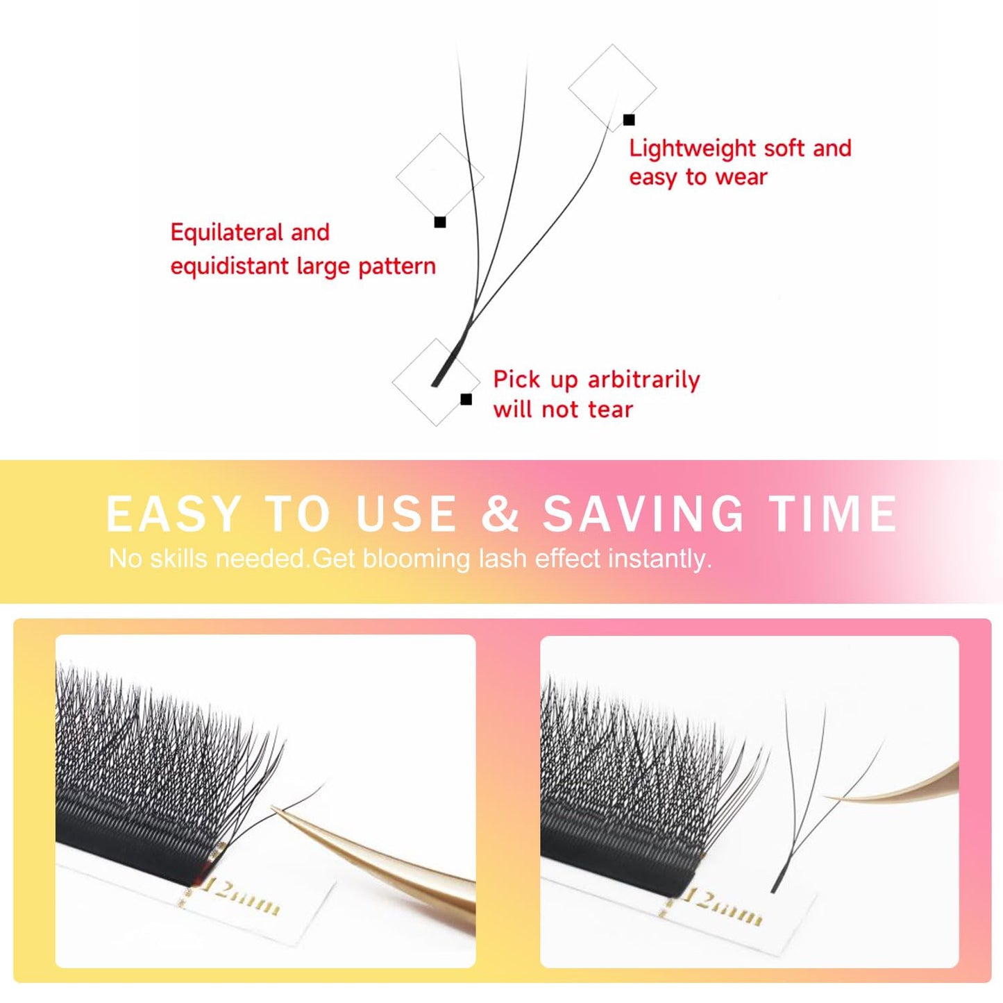W Lash Extensions Supplies 3D Eyelash Extensions W Shape 0.07mm Thickness D Curl 14mm Premade Fans Easy Fan Lashes Volume Matte Black 12 Rows Crisscross Eye Lashes(W-3D-0.07-D,14mm)