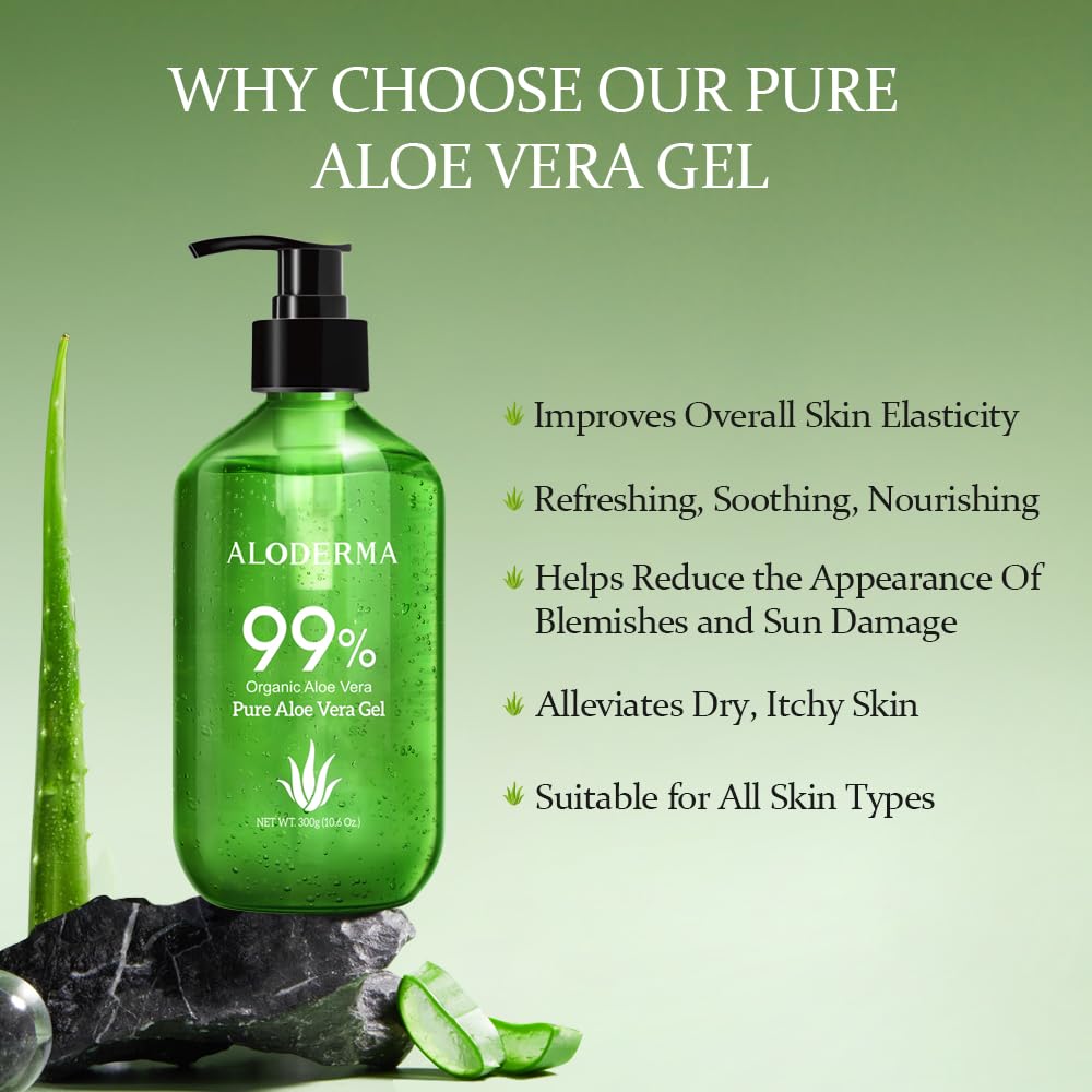 Aloderma 99% Organic Aloe Vera Gel Made within 12 Hours of Harvest - Pump Bottle - Lightweight Aloe Gel for Face and Body, Soothing and Hydrating Sunburn Relief, Great for Scalp & Hair, 3btls x 10.6oz