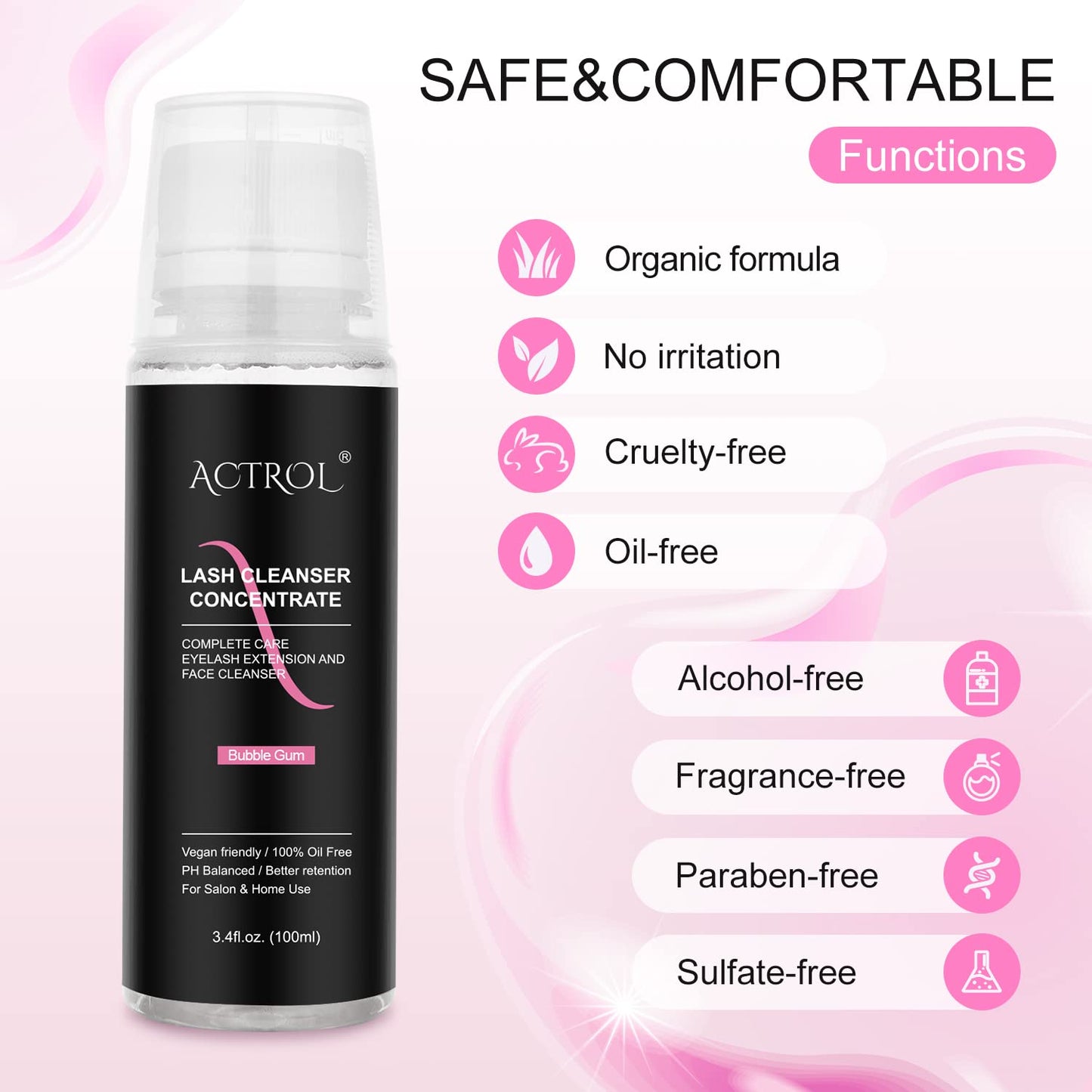 Eyelash Cleanser Concentrate 100ml Bubble Gum Professional Lash Shampoo Foaming Cleanser Lash Wash Concentrate for Extensions Lashes with Salon Home Care-Makes 40 Bottles