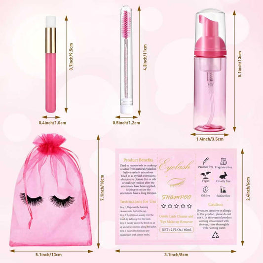 100 Pcs Lash Shampoo Bottle Brushes Set 20 Empty Foam Pump Dispensers 20 Label Stickers 20 Mascara Wands Tubes 20 Cleansing Brush 20 Bag for Eyelash Extensions Aftercare(Red Rose)