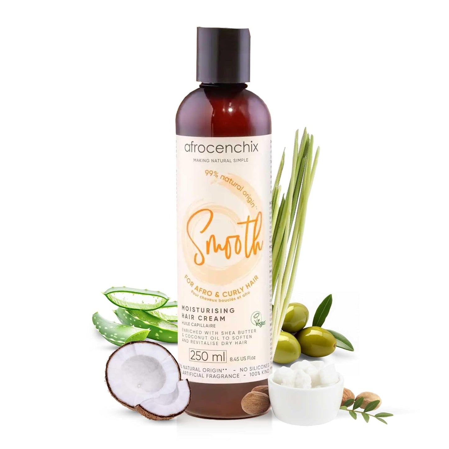 Afrocenchix Smooth Curl Cream – Natural Styling Cream for Afro & Curly Hair – Defines Curls, Adds Shine & Moisture – With Shea Butter, Coconut Oil & Aloe Vera – Vegan, 250ml (9oz)