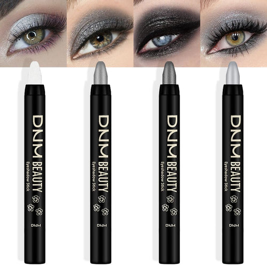 Kaely 4Pcs Metallic Shimmer Smoky Eye Shadow Sticks, Pearl White Dazzling Grey Gray Pearl Black Silver, Smokey Eyeliner Pencil Eyeshadow Palette Goth Halloween Makeup, Eye Brightener Stick for Women