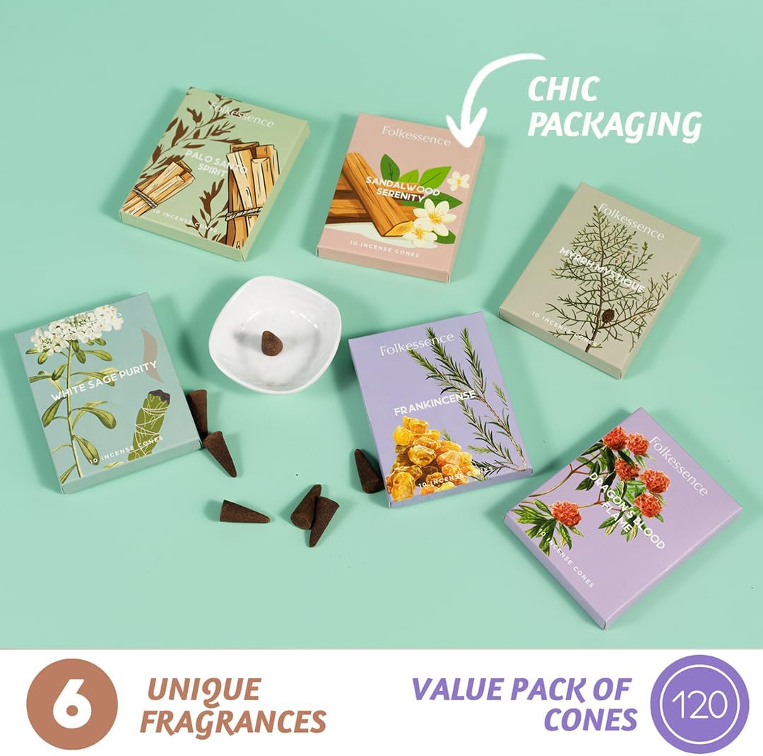 Folkulture Incense Cones Scented | Set of 6 (60 Cones) Pack for Relaxation | Palo Santo, Frankincense, White Sage, Sandalwood Inscents for Gifts for Her | Incense Cone Variety Pack