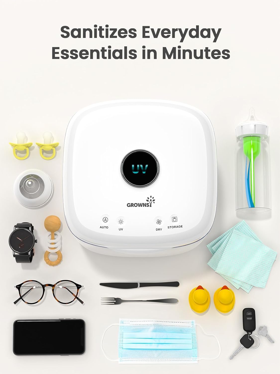 GROWNSY UV Sanitizer and Dryer, 4in1 Cleaner and Sanitizing Machine UV Sanitizer Box Household for Baby Bottles Toys Clothes Baby Stuff, for Family Toothbrush Beauty Tools Phone