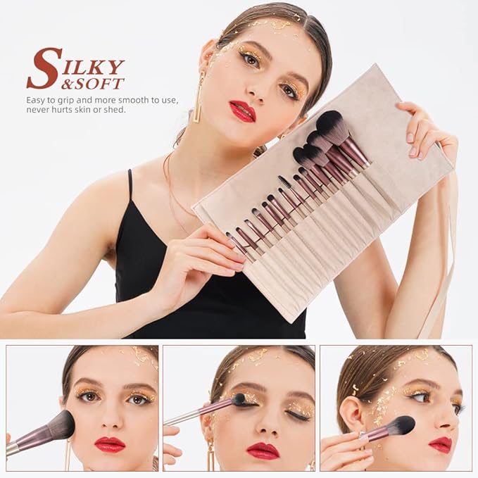 DUcare Makeup Brushes with Bag - 14Pcs Professional Synthetic Make Up Brushes Set for Blush Concealer Foundation Bronzer Powder Eyebrow Eyeshadow Blending Makeup Brush Set Mekaup bag, Rose Golden