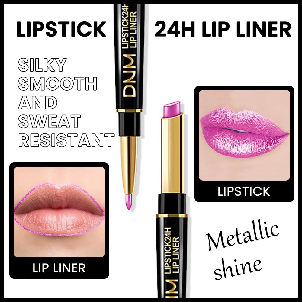 evpct 3Pcs Nude Pink Rose Red Metallic Shine Shimmer Lip Liner and Lipstick Combo Set Kit for Women, Lightweight Hydrating Formula High Impact Full Coverage Lipstick and Lip Liner Makeup Gloss