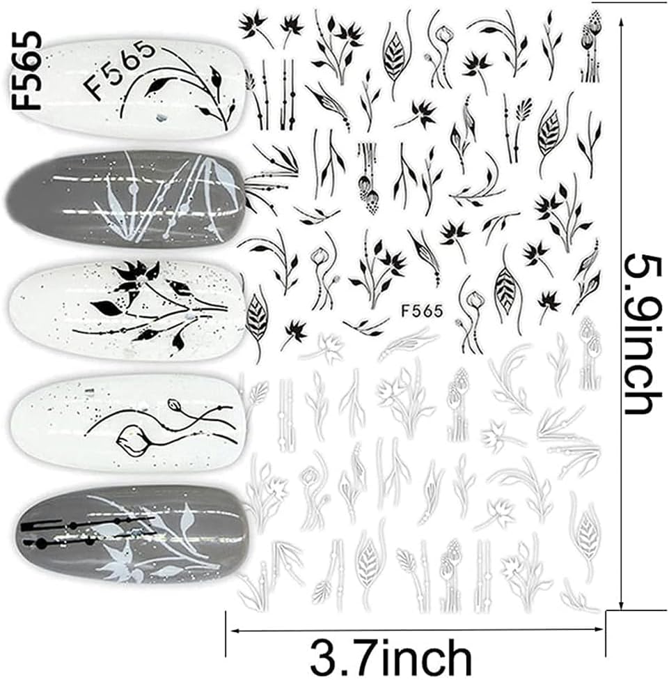 10 Sheets Black White Leaves Flower Nail Art Stickers 3D Self-Adhesive Retro Floral Vine Pattern Nail Decals Tropical Plants Mandala Leaf Geometry Transfer Decals Nail Art Decorations for Women Girls