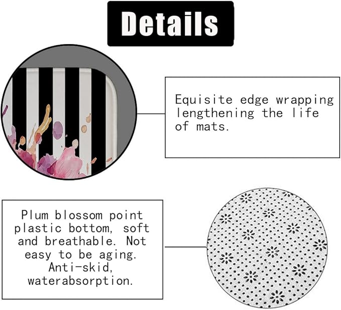 4PCS Gold Glitter Hello Gorgeous Shower Curtain Set, Watercolor Pink Floral Black and White Striped Perfume Makeup Modern Fashion Women Bathroom Decor, Non-Slip Bath Mat Toilet Rug, Hibiscus