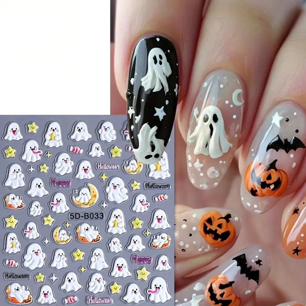 5D Embossed Halloween Nail Stickers 5D Self-Adhesive Bat Skull Pumpkin Nail Supplies Cute Little Ghost Nail Decals Kawaii Spider Spider Web Nails Designs for Women Holiday DIY Manicure 3 Sheet