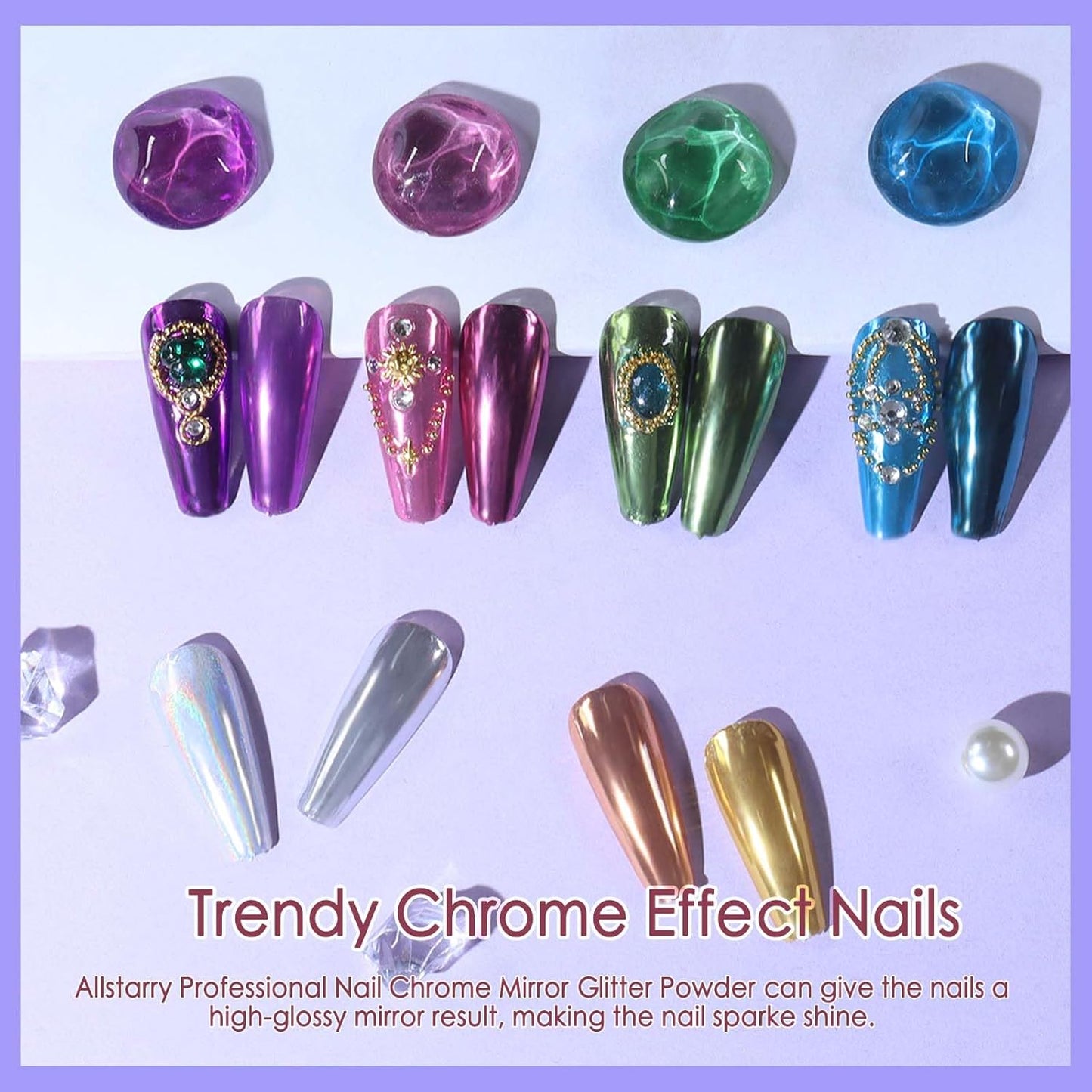Allstarry Chrome Nail Powder Kit - 16 Colors Metallic Mirror Effect Pigment Powder Magic Glitter Dust for Gel Polish Nail Art Decoration with 16 Sponge Sticks