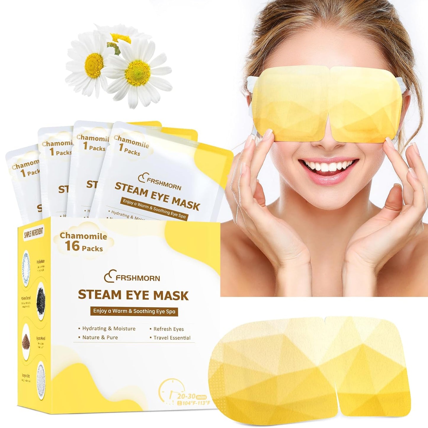 16 Packs Steam Eye Mask, Heated Eye Mask for Sleeping, Warm Compress for Eyes, Self Heating Disposal Eye Mask Comfortable Sleep Mask for Home, Office, Spa, Travel Essentials (Chamomile)